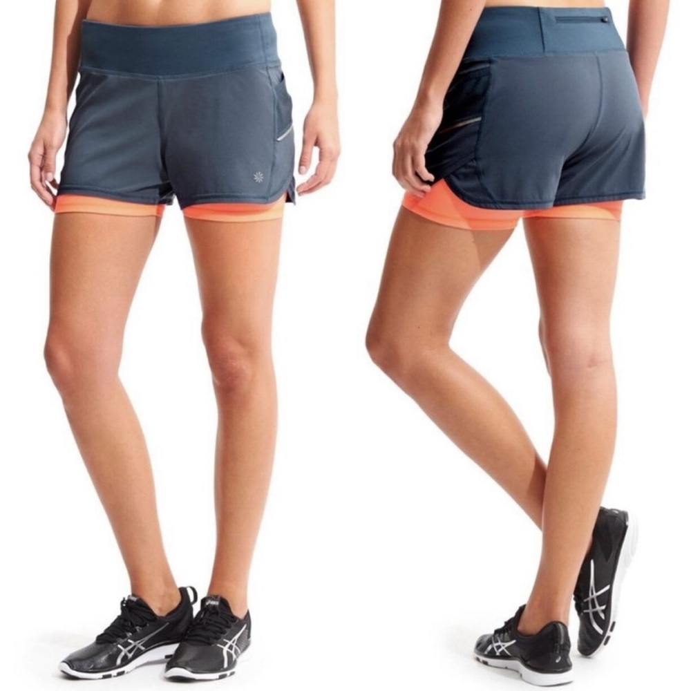 Athleta Ready Set Go 2 in 1 Running Shorts in Iron Blue/Ember Orange Size Medium